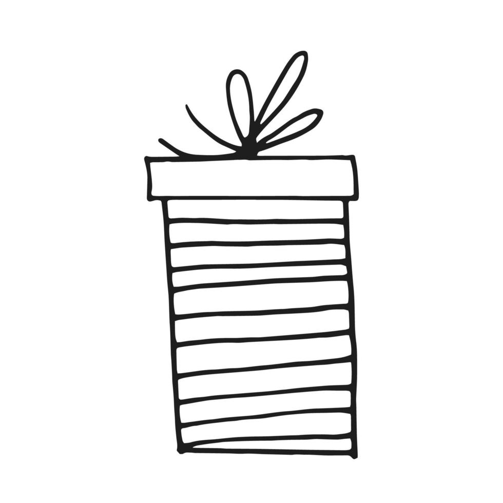 Gift box. Black and white doodle. Vector element isolated on white background.