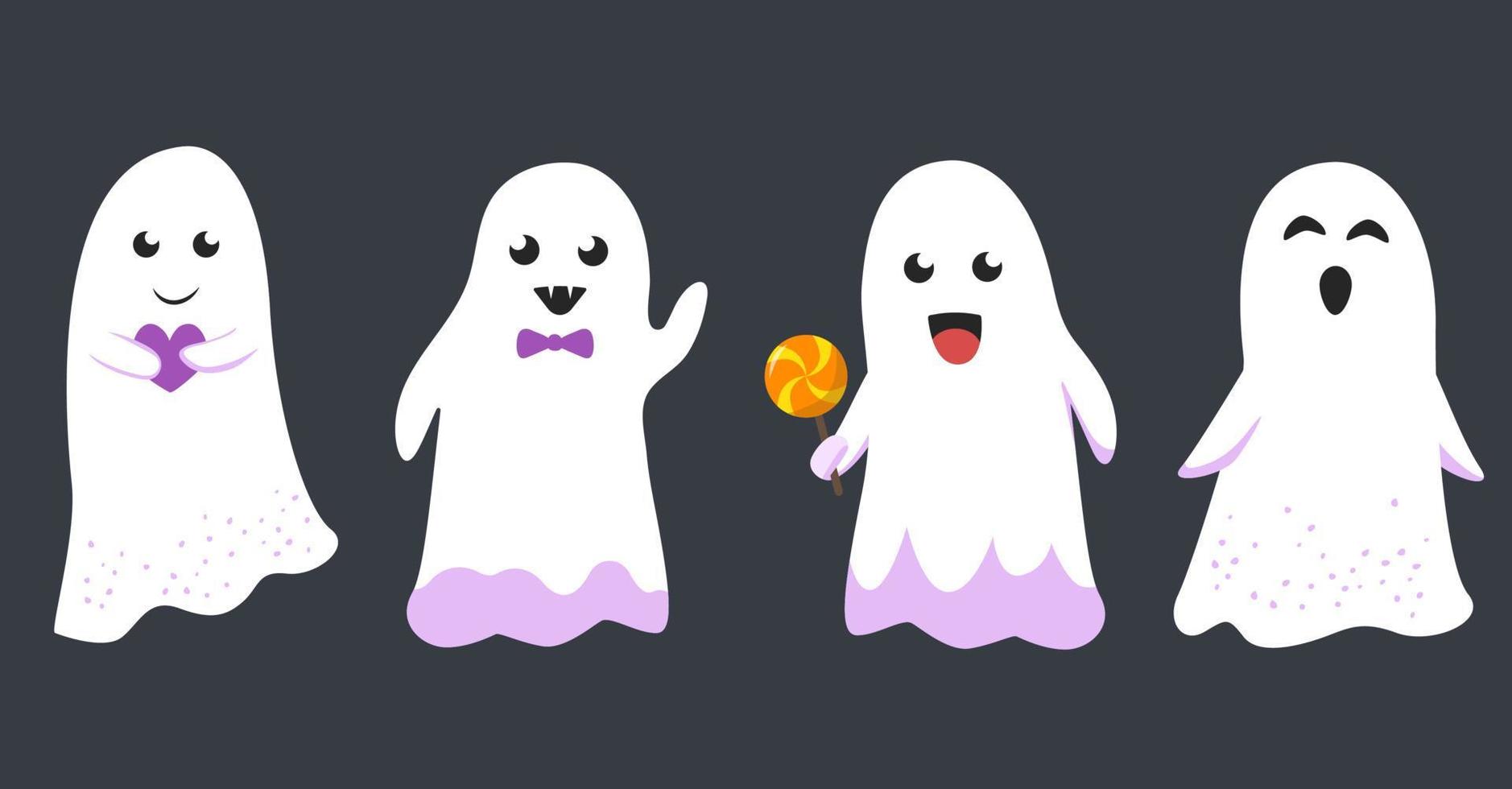 Cute ghosts. Vector set isolated on black background.