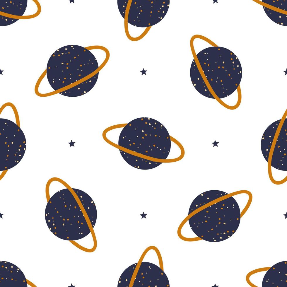 Hand drawn seamless repeating color simple flat pattern on white background. Vector background with planets.