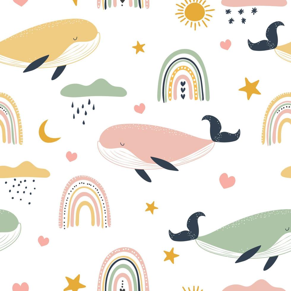 Seamless pattern with whales and rainbows in boho style. vector