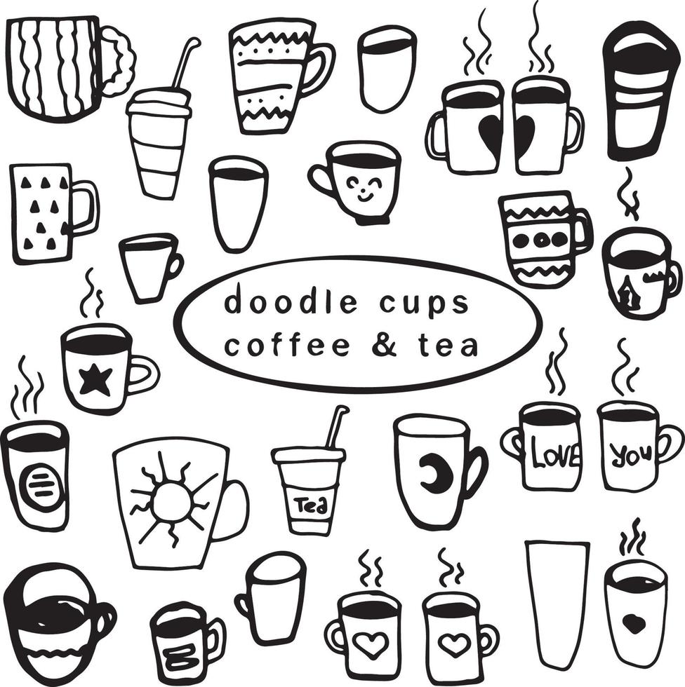 tazas de café dibujadas a mano. conjunto de iconos de copa garabatos en blanco. ilustración vectorial vector