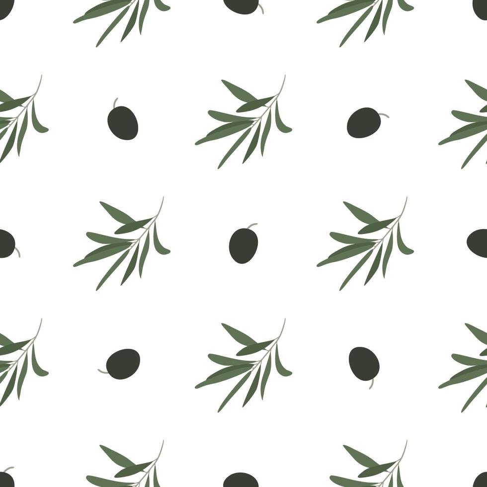 olives pattern. Seamless hand-drawn pattern of fresh olives. Abstract black and green olives. A sprig of olive. Vector illustration.