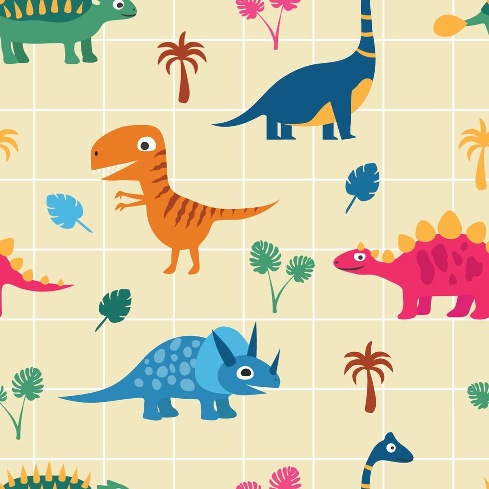 Funny dinosaurs among the palms and leaves. Seamless patterns. Children's vector illustration in a hand-drawn style.