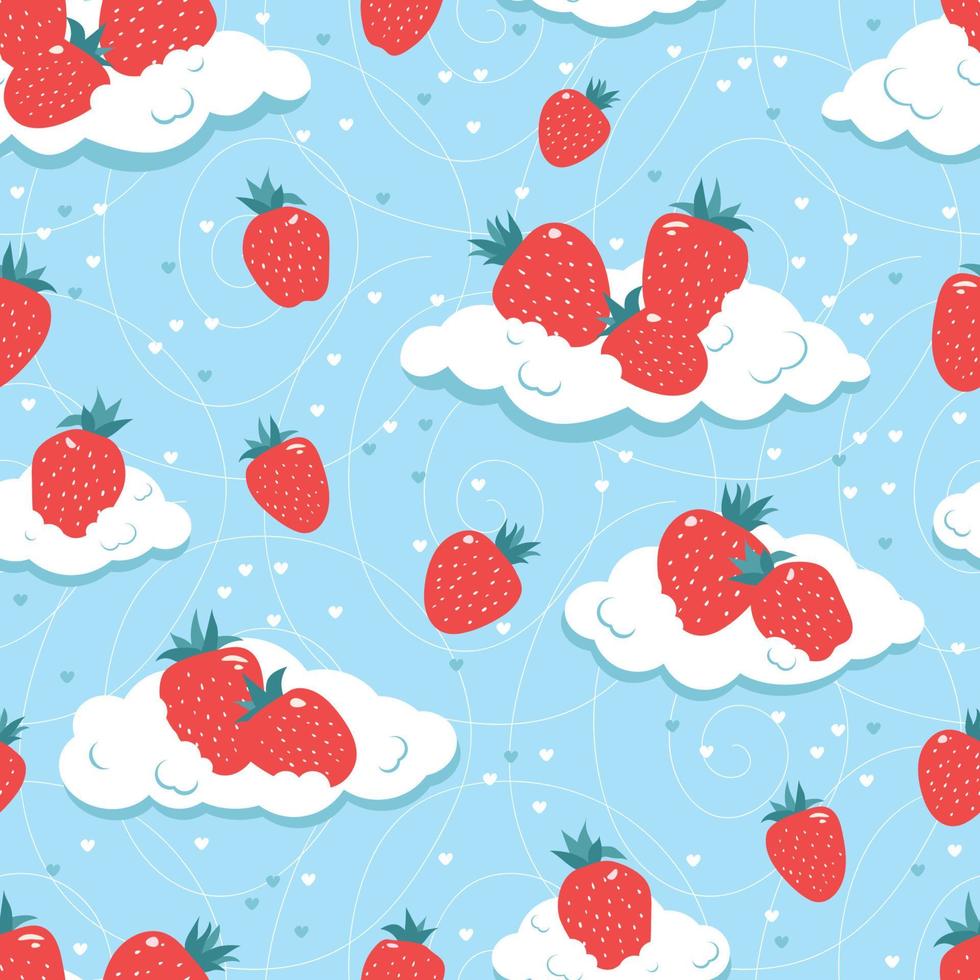 Seamless pattern of fresh strawberries on the clouds. vector