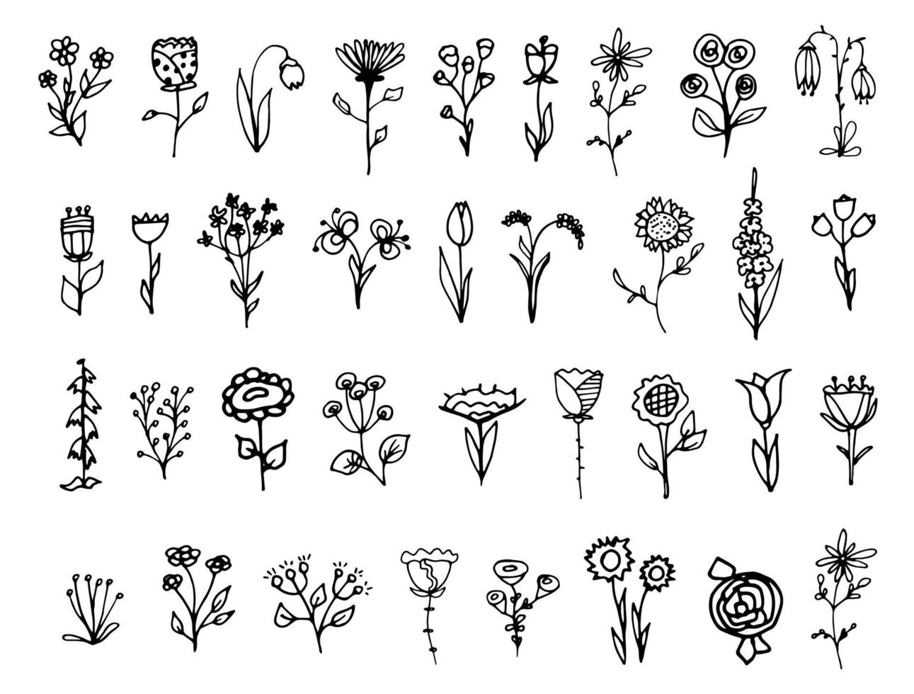 Different flowers in doodle style. Black-white set of flowers. Vector illustration
