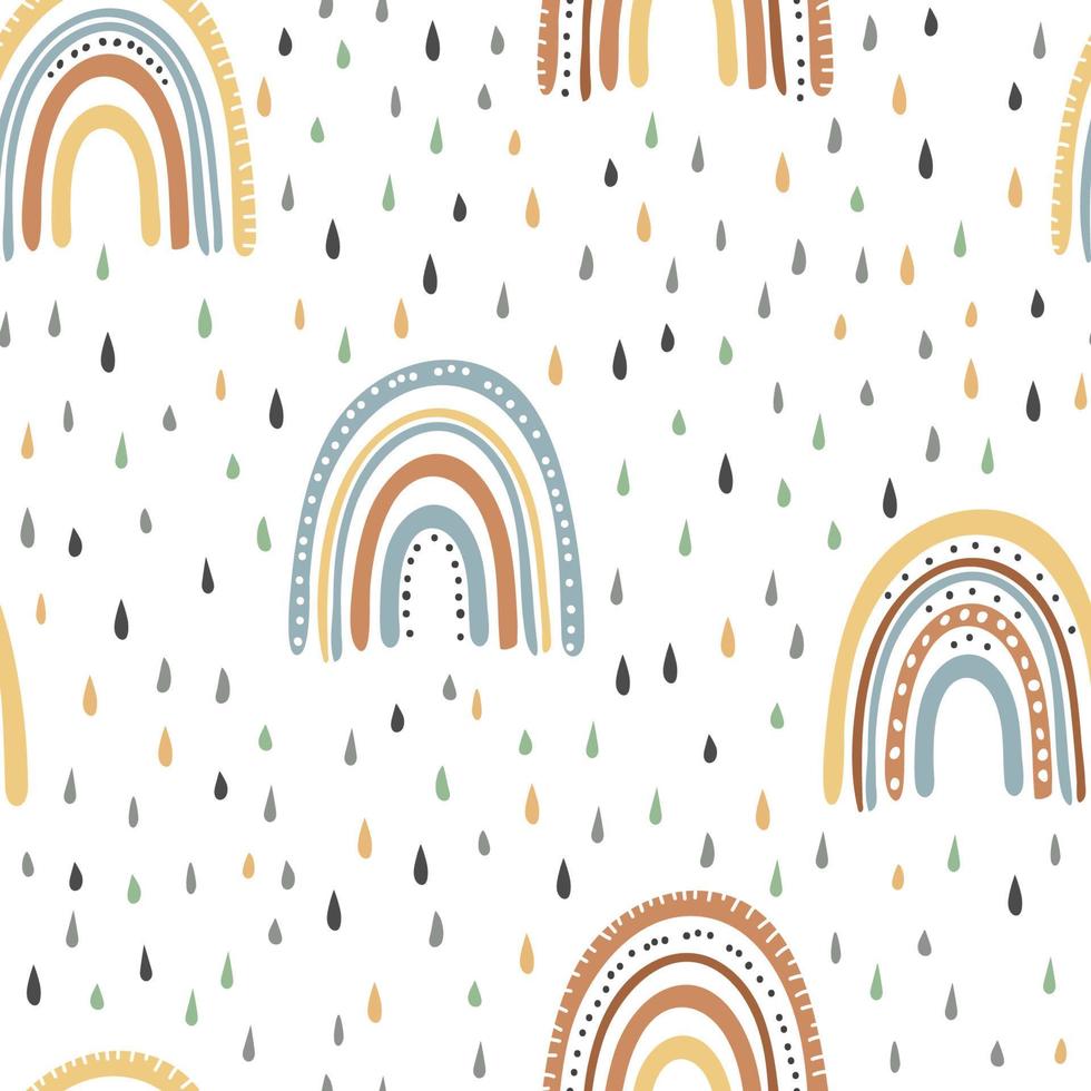 Rainbow with rain. Pastel colors, boho style. Seamless patterns. vector