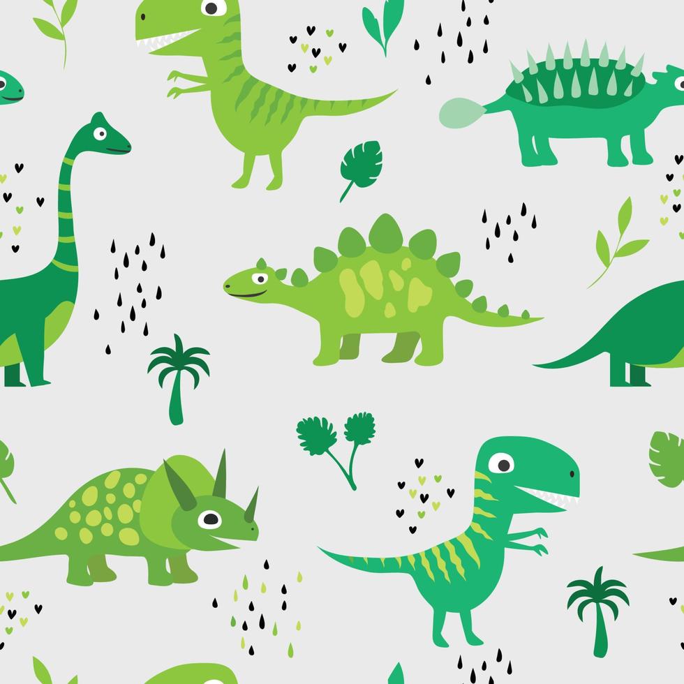 Funny dinosaurs among the palms and leaves. Seamless patterns. Children's vector illustration in a hand-drawn style.