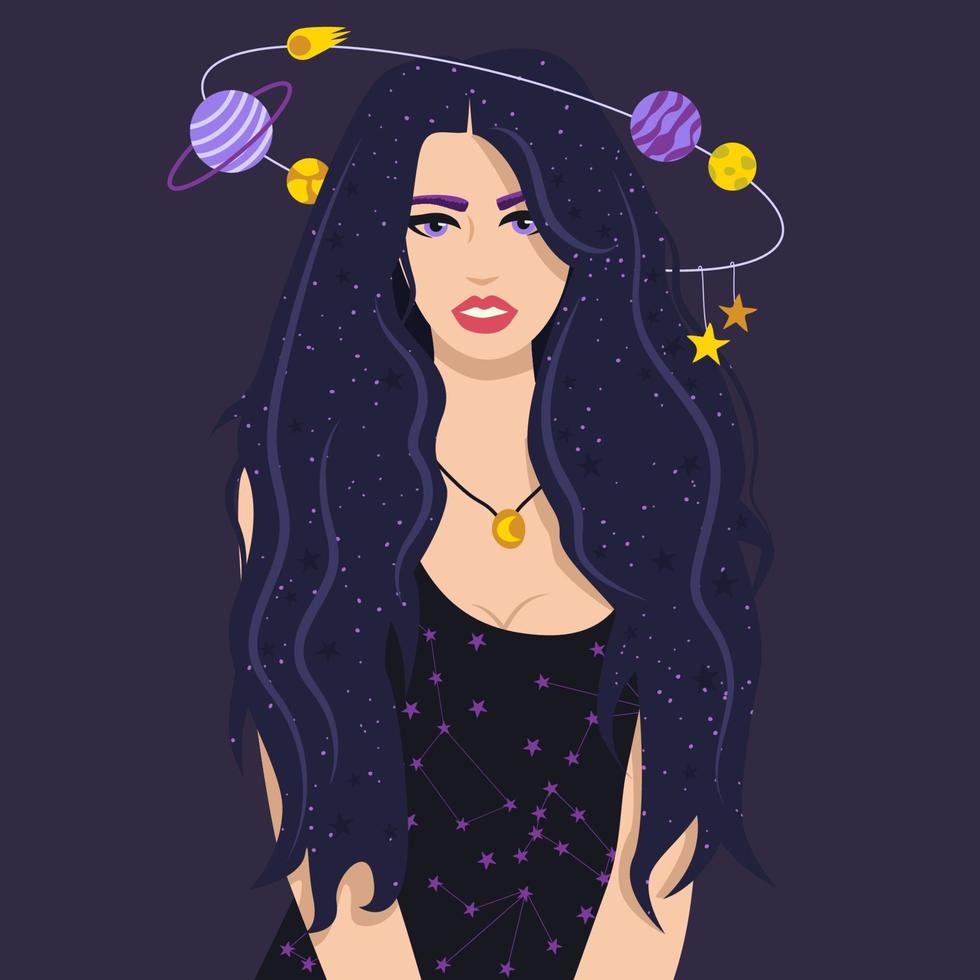 Cosmos woman. Concept  meditation and balance, spiritual calmness. Outer space and universe, vector in flat style