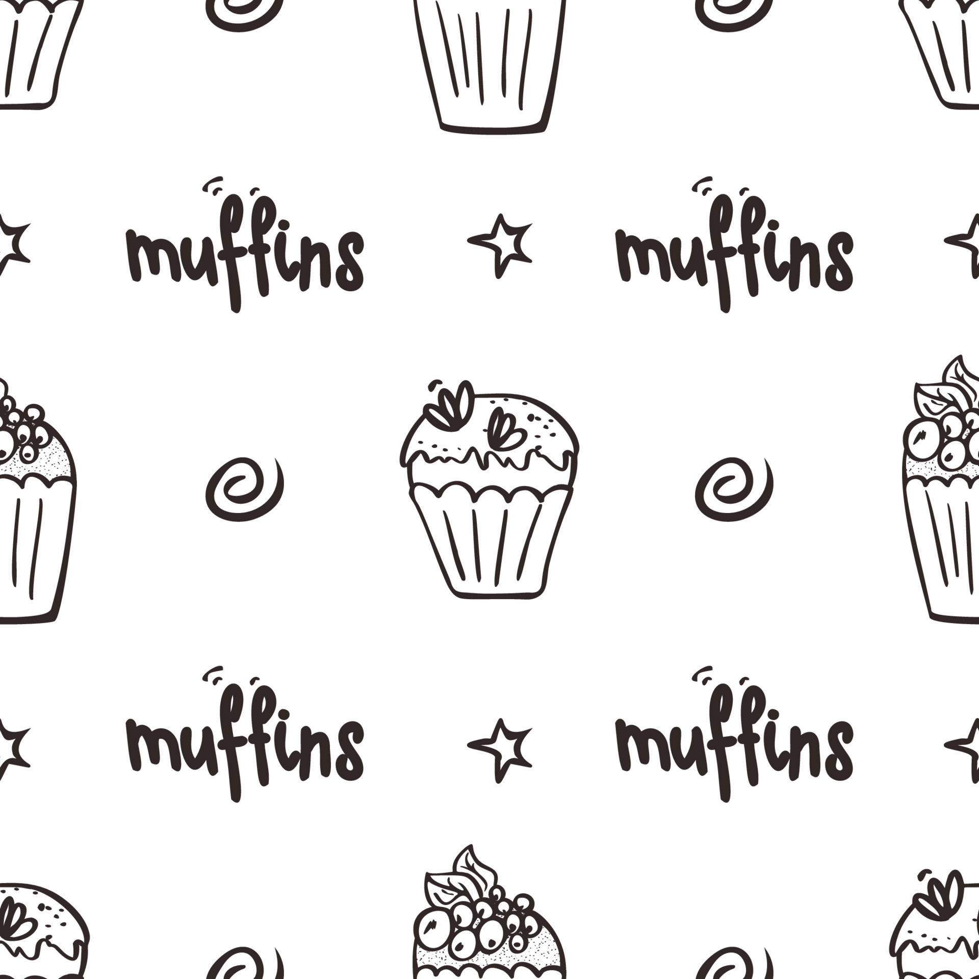 Black and white cupcakes seamless pattern. Hand drawn muffins