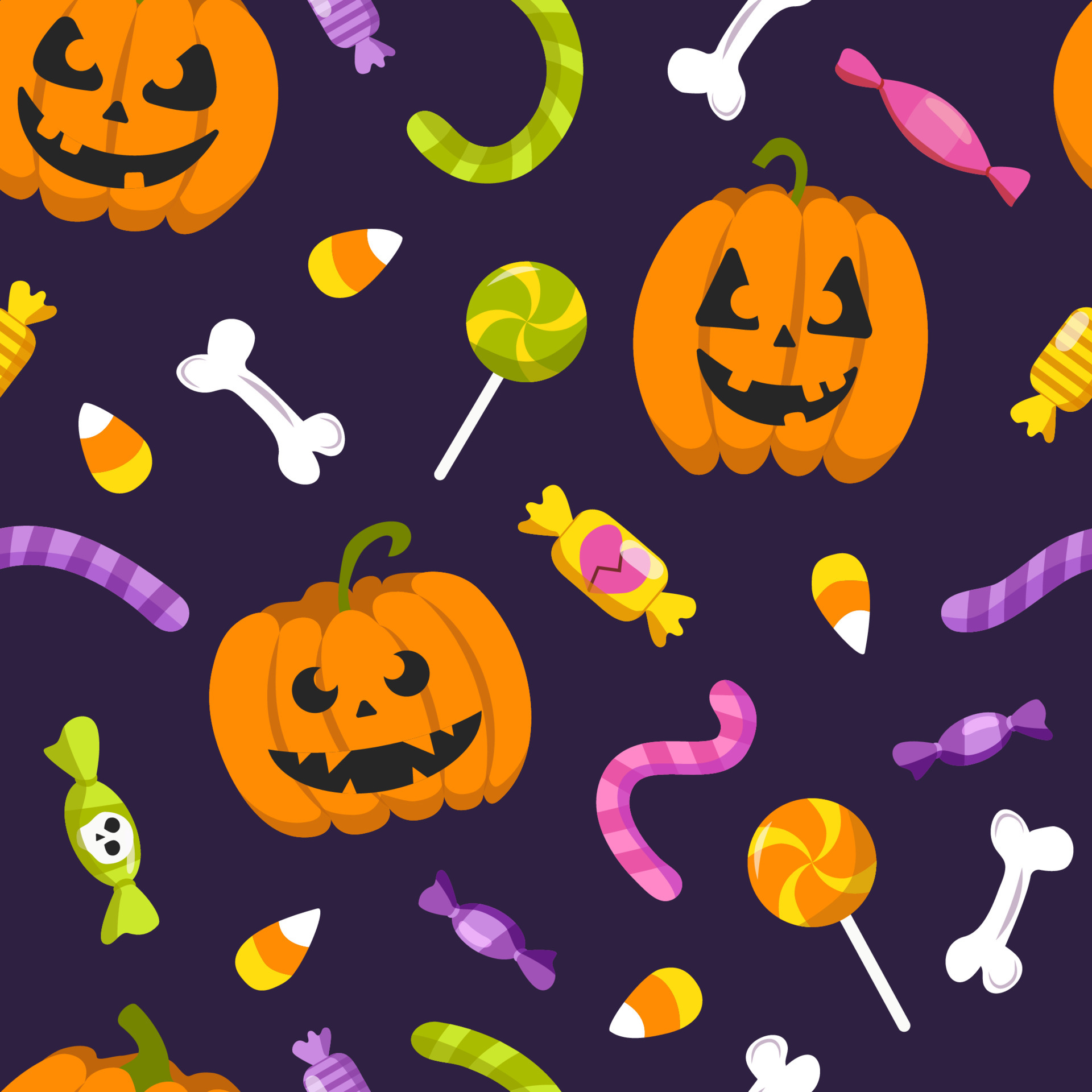 Halloween seamless pattern. Cute pumpkins and sweets. Vector ...