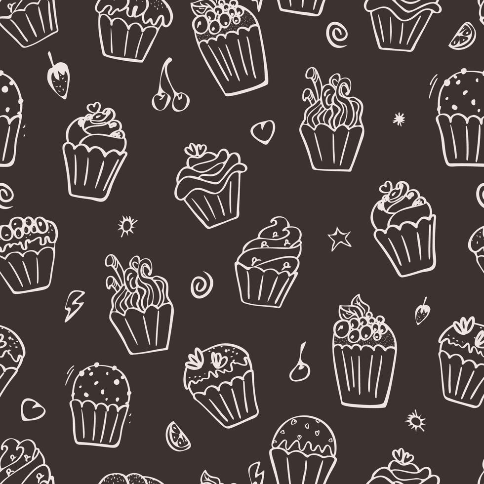 Black and white cupcakes seamless pattern. Hand drawn muffins background. Great for coloring book, wrapping, printing. Vector illustration