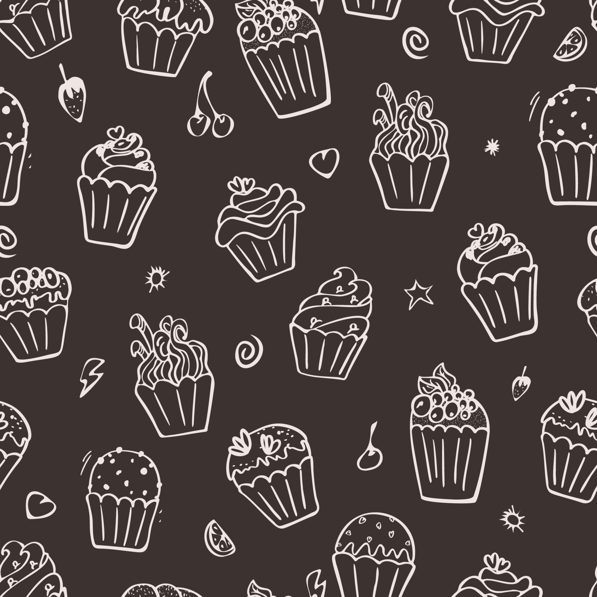 Black and white cupcakes seamless pattern. Hand drawn muffins