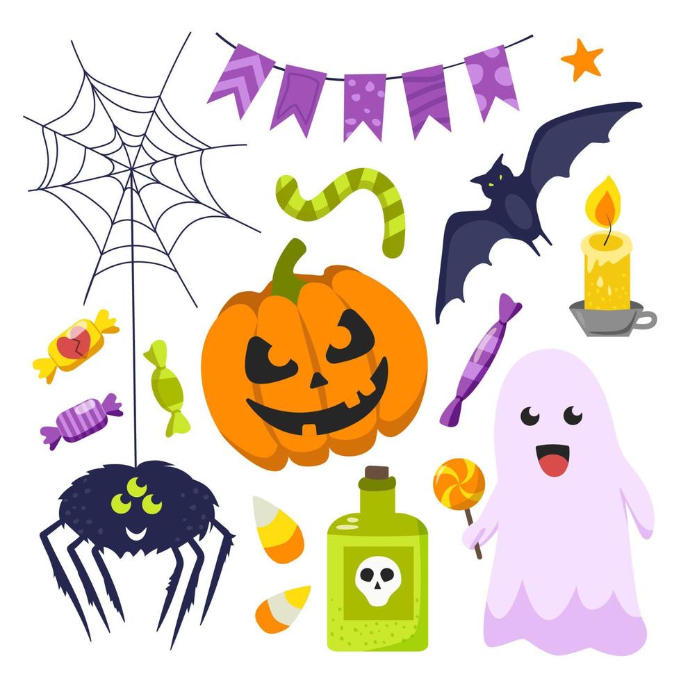 Halloween elements. Hand drawn flat collection. Vector illustration.