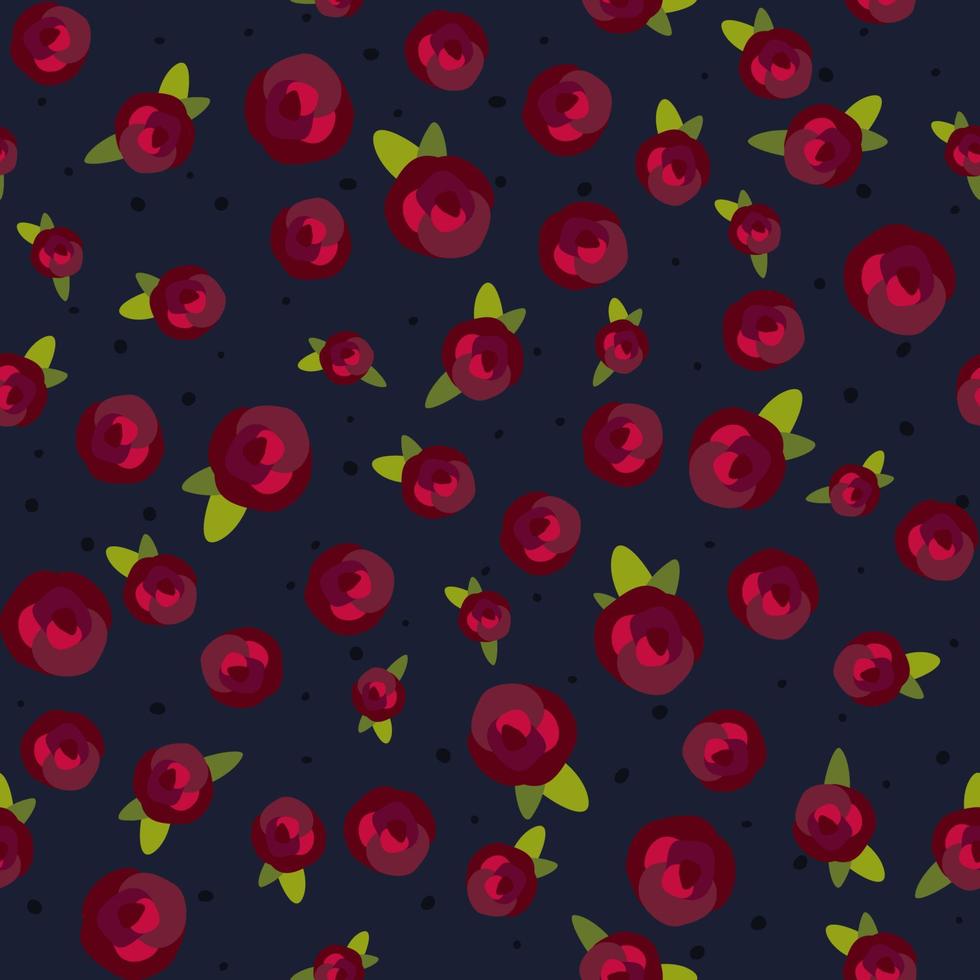 Red roses black background, seamless pattern. Illustration in flat style vector