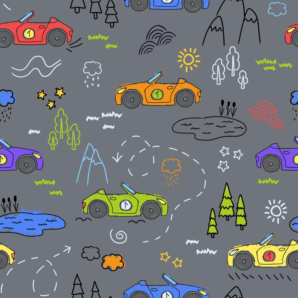 Children's pattern with cute cars. Funny cars.Vector hand-drawn collection for decorating a children's room with a seamless pattern for children's goods, fabrics, backgrounds, packaging, covers. vector