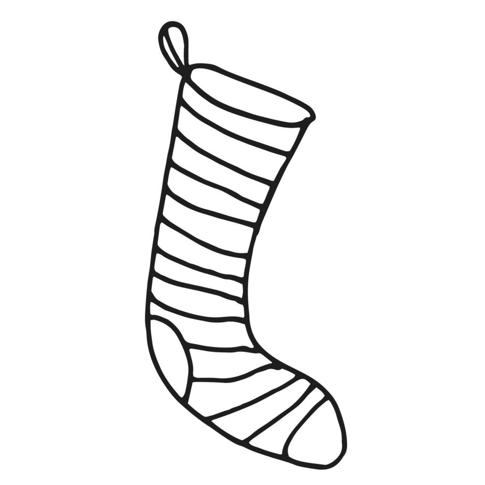 Christmas sock. Black and white doodle. Vector element isolated on white background.