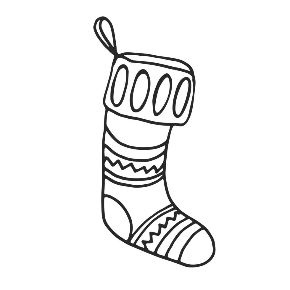 Christmas sock. Black and white doodle. Vector element isolated on white background.