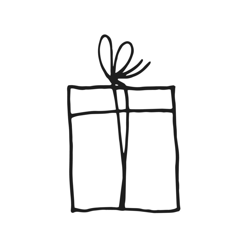 Gift box. Black and white doodle. Vector element isolated on white background.