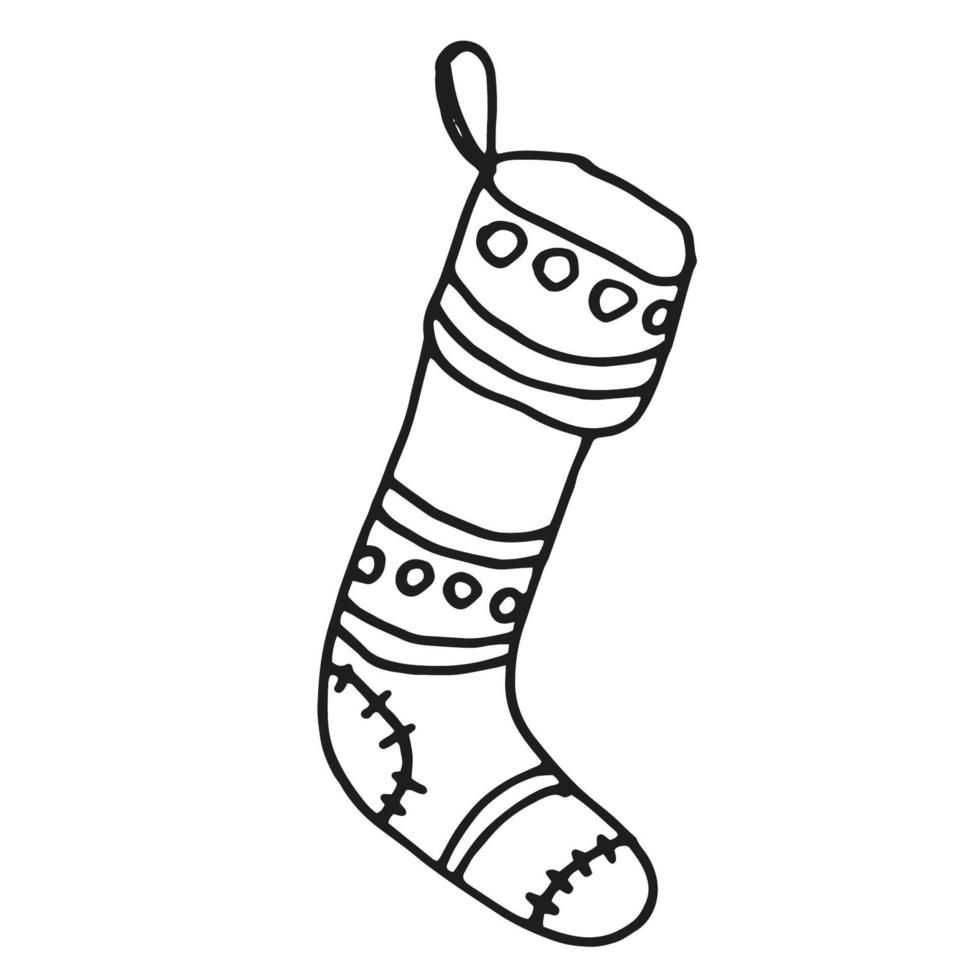 Christmas sock. Black and white doodle. Vector element isolated on white background.