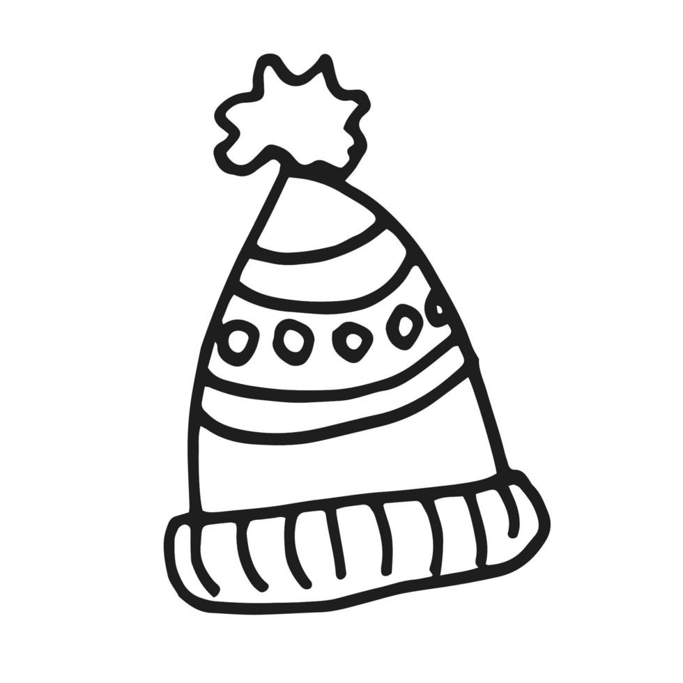 Hat with a pumpon. Black and white doodle. Vector element isolated on white background.