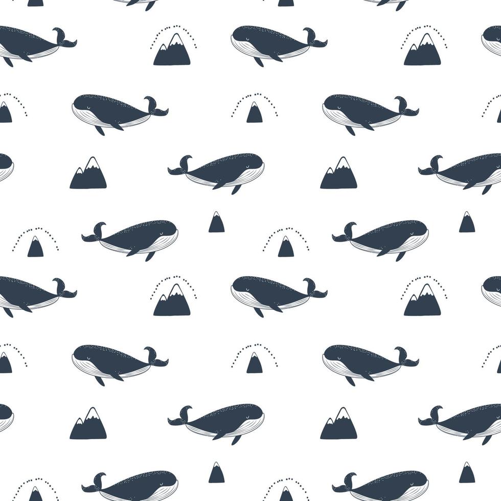Simple whale, monochrome mountains. background seamless pattern. Vector illustration. Repeating pattern design.