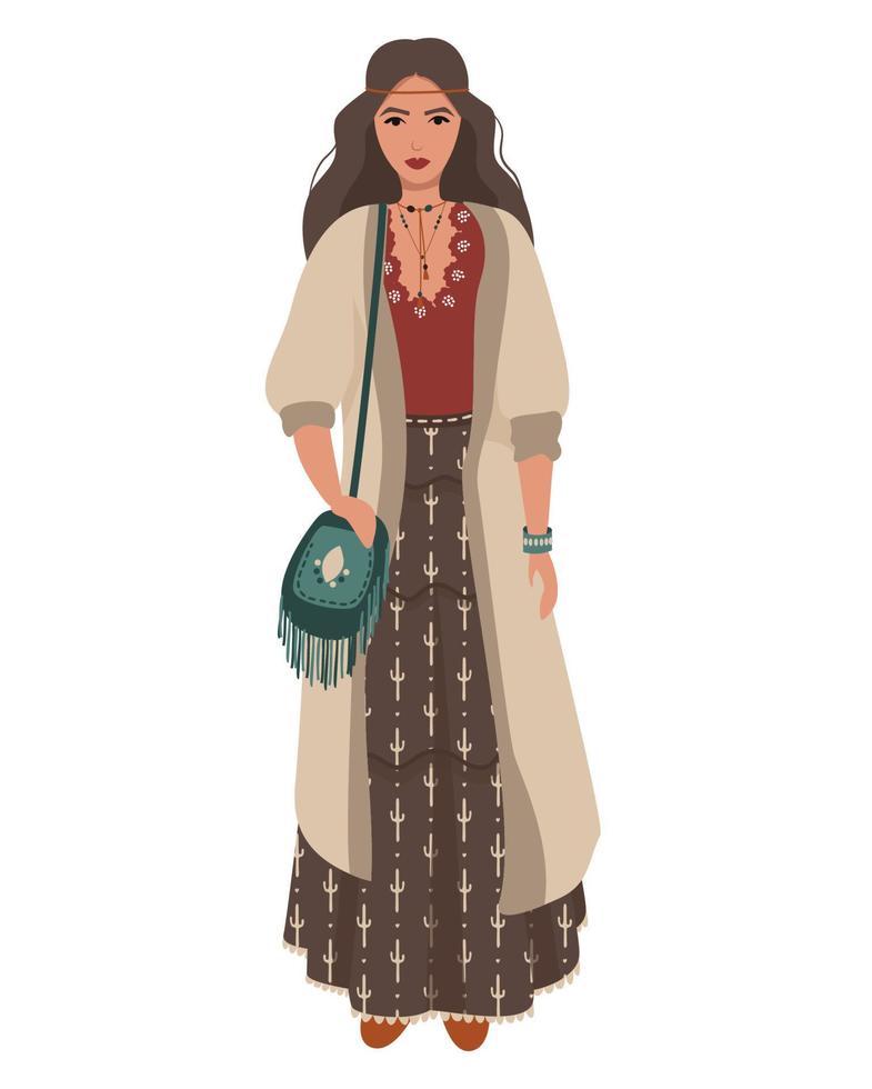 Woman in boho clothes. Pretty woman in fashionable clothes with ethnic motives. Flat vector illustration.