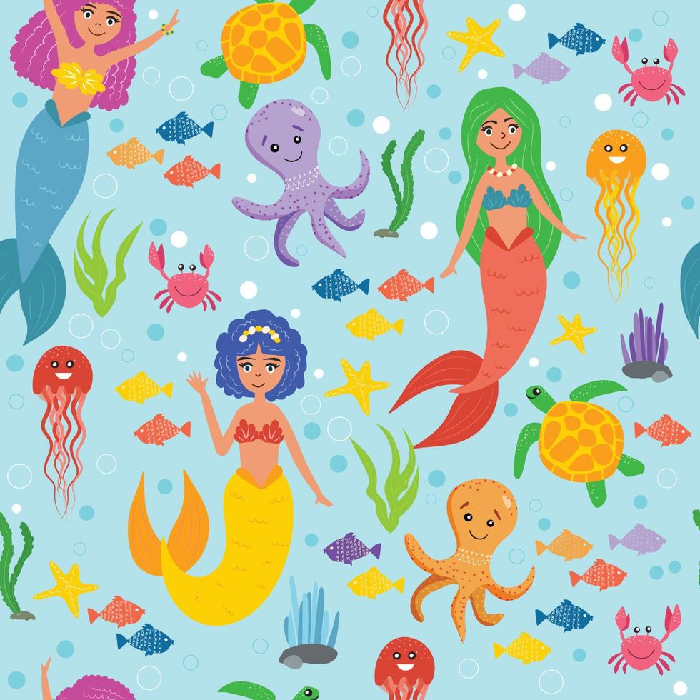 Mermaids with sea animals in the sea seamless pattern. Life under water. Cute mermaids, octopus, crab, sea turtle, jellyfish, fish. Wallpapers for children. Marine pattern. Vector illustration