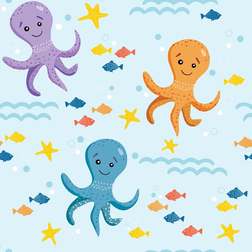 patrón sin costuras de lindos pulpos, estrellas de mar, peces pequeños. ilustración vectorial en estilo simple dibujado a mano. Personajes de caricatura. pulpo, pescado, mar, océano. fondo de verano e infantil. vector