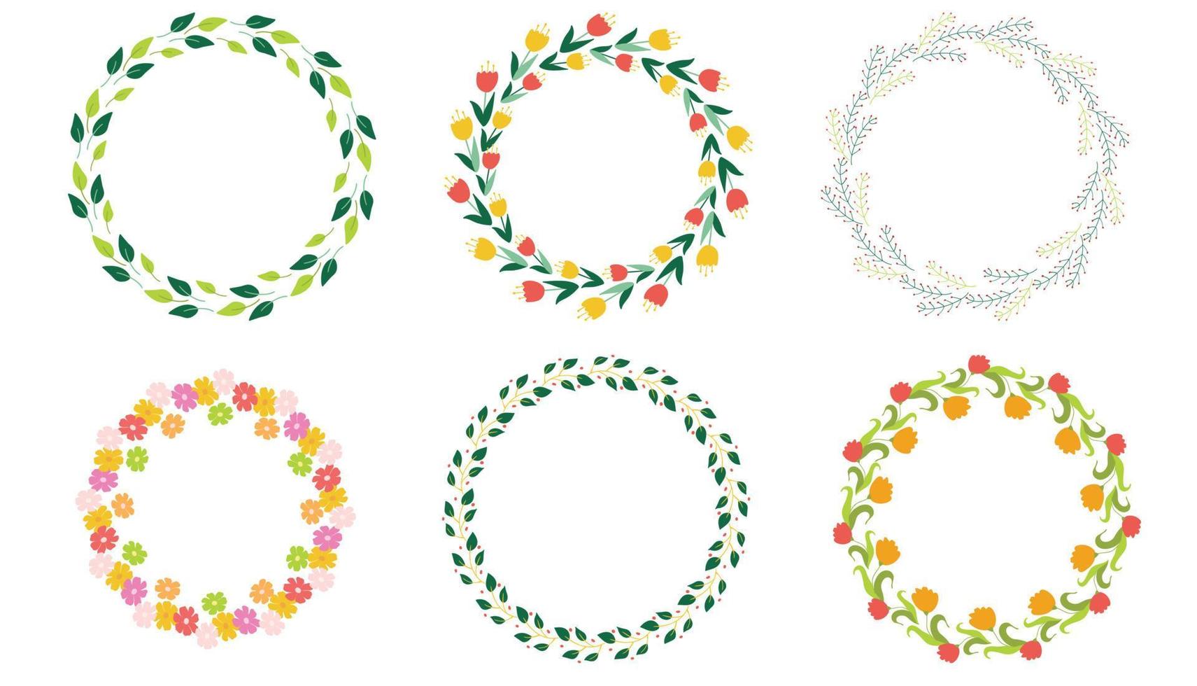 Round frame made of flowers. A set of round simple frames made of flowers and leaves. Round flower wreath. Vector illustration