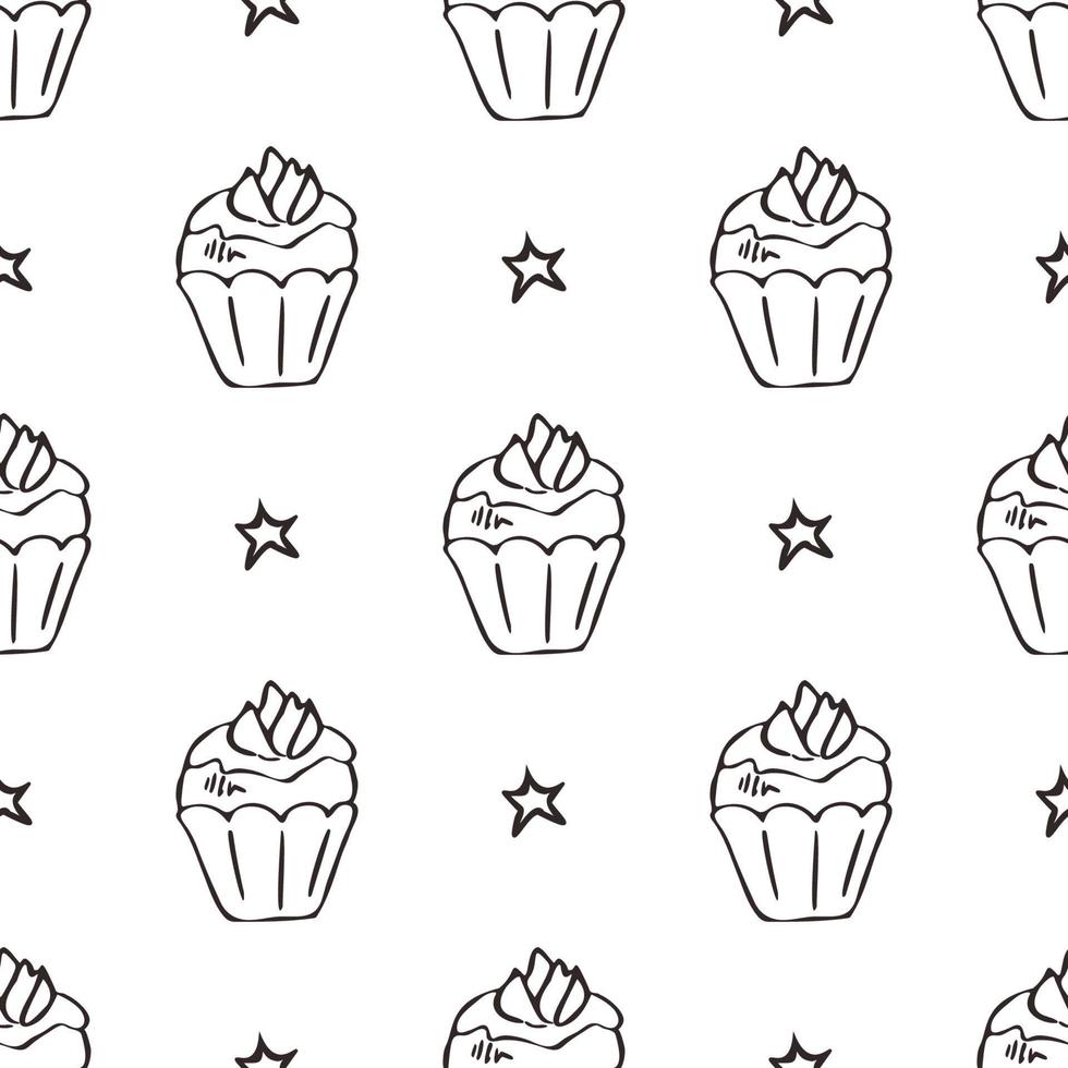 Black and white cupcakes seamless pattern. Hand drawn muffins background. Great for coloring book, wrapping, printing. Vector illustration