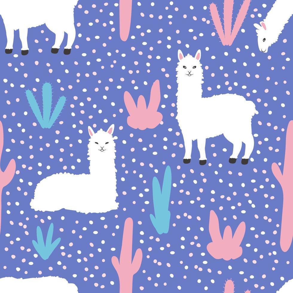 Cute alpaca with cacti. Seamless pattern vector