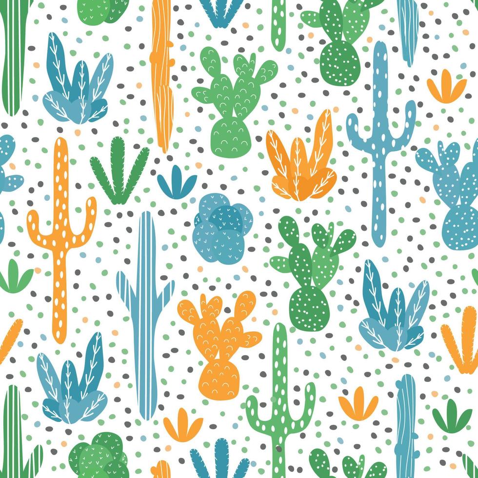 Vector seamless pattern with various cacti. Bright, cute cacti. Background with desert plants for wrapping paper, wallpaper, textiles. Vector seamless pattern with various cacti.