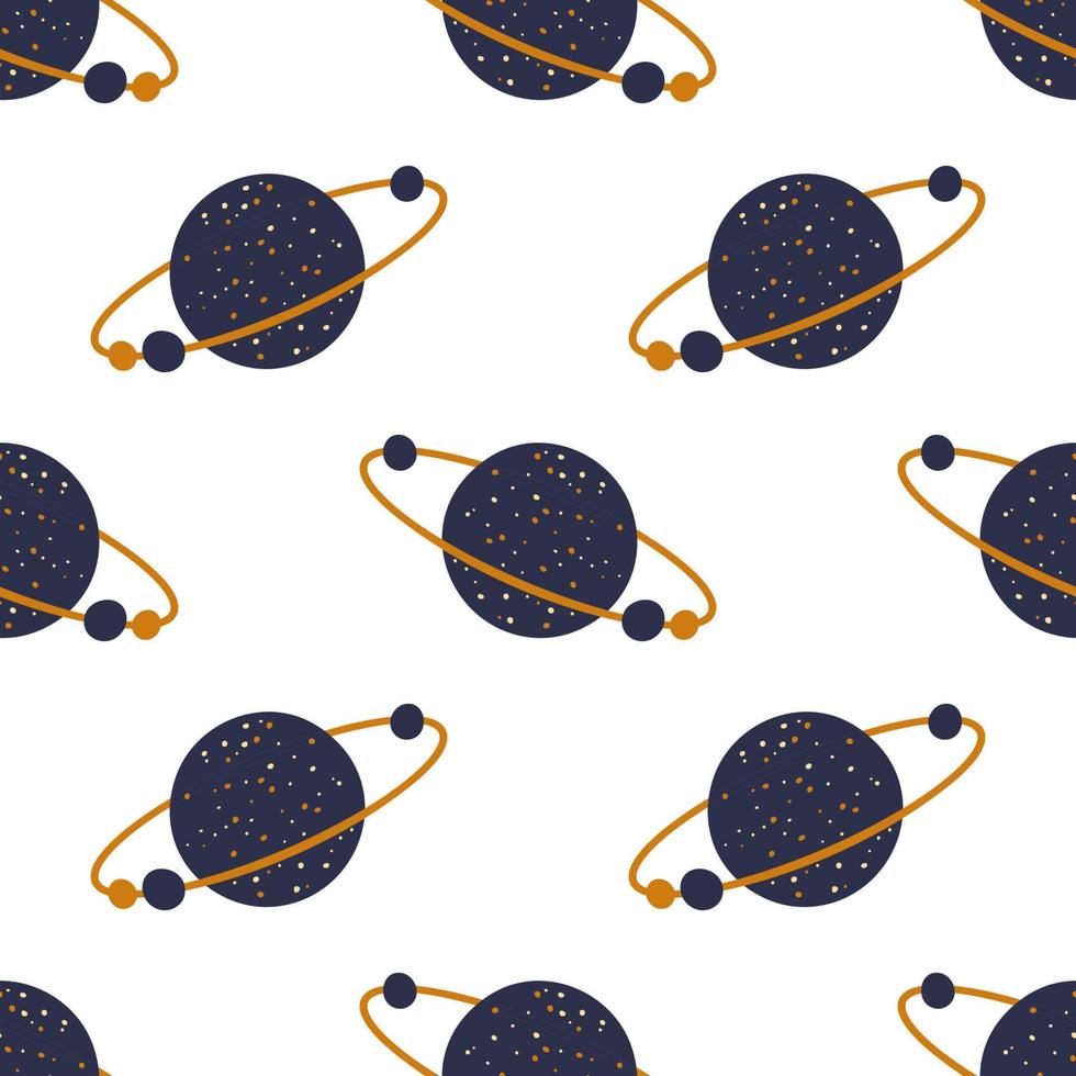 Hand drawn seamless repeating color simple flat pattern on white background. Vector background with planets.
