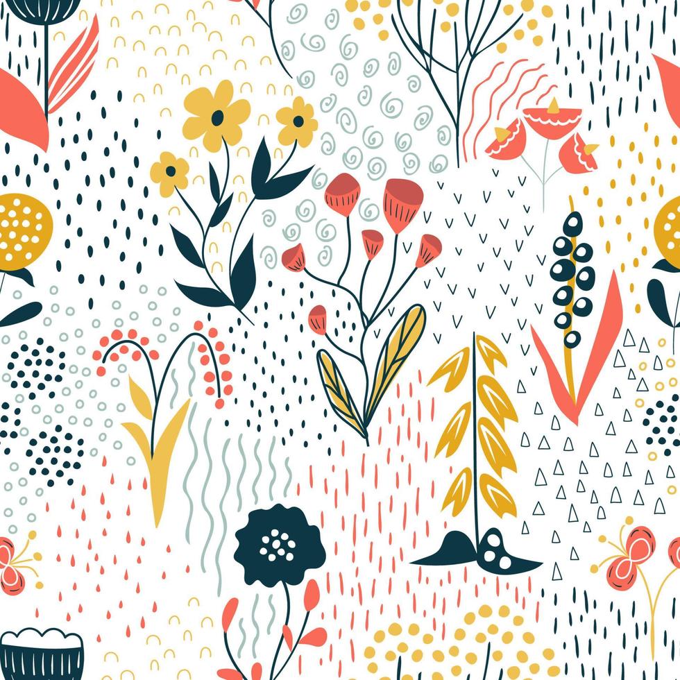 Flowers pattern scandinavian style. Texture with flowers and plants. Floral ornament. vector