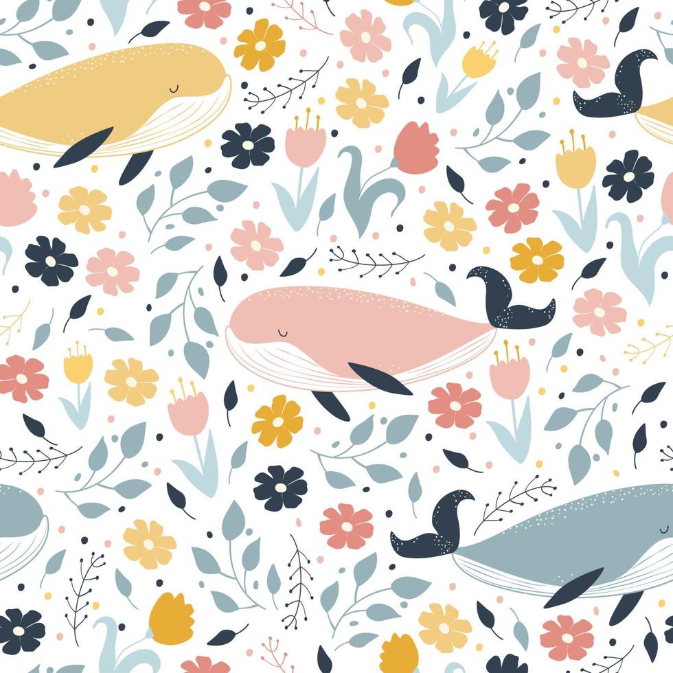 Seamless pattern with whales and rainbows in boho style. vector