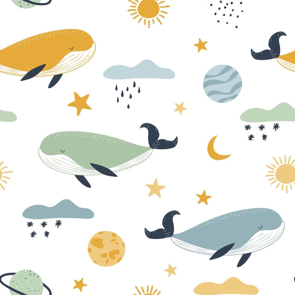 Cute whales among the clouds and planets. Seamless background in pastel colors. vector