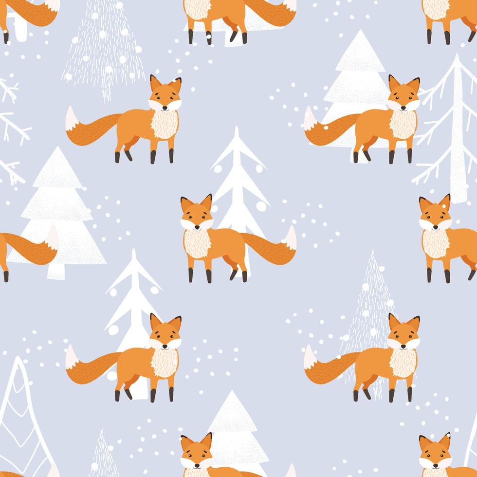 patrón de navidad lindo zorro, bosque de invierno, nieve. patrón transparente sobre un fondo blanco. bosque de invierno con animales y diseño de árboles de navidad para textiles, papel pintado, tela. vector