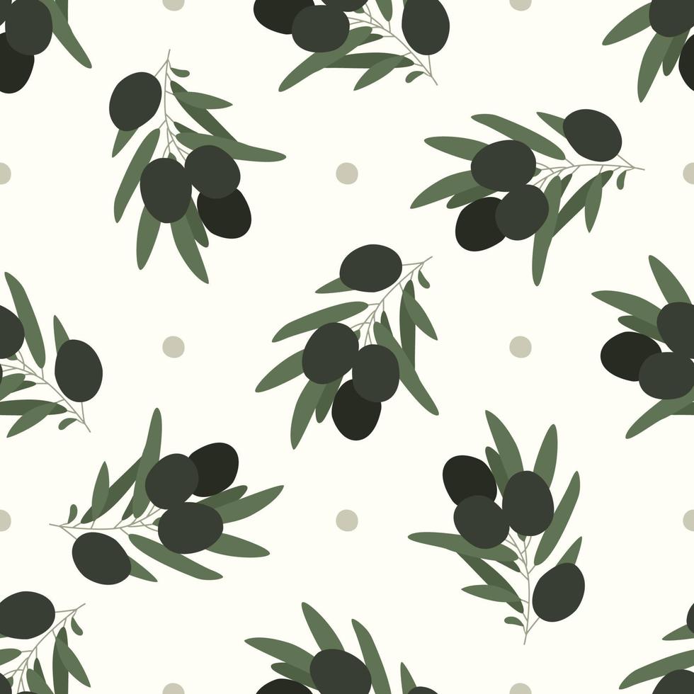 olives pattern. Seamless hand-drawn pattern of fresh olives. Abstract black and green olives. A sprig of olive. Vector illustration.