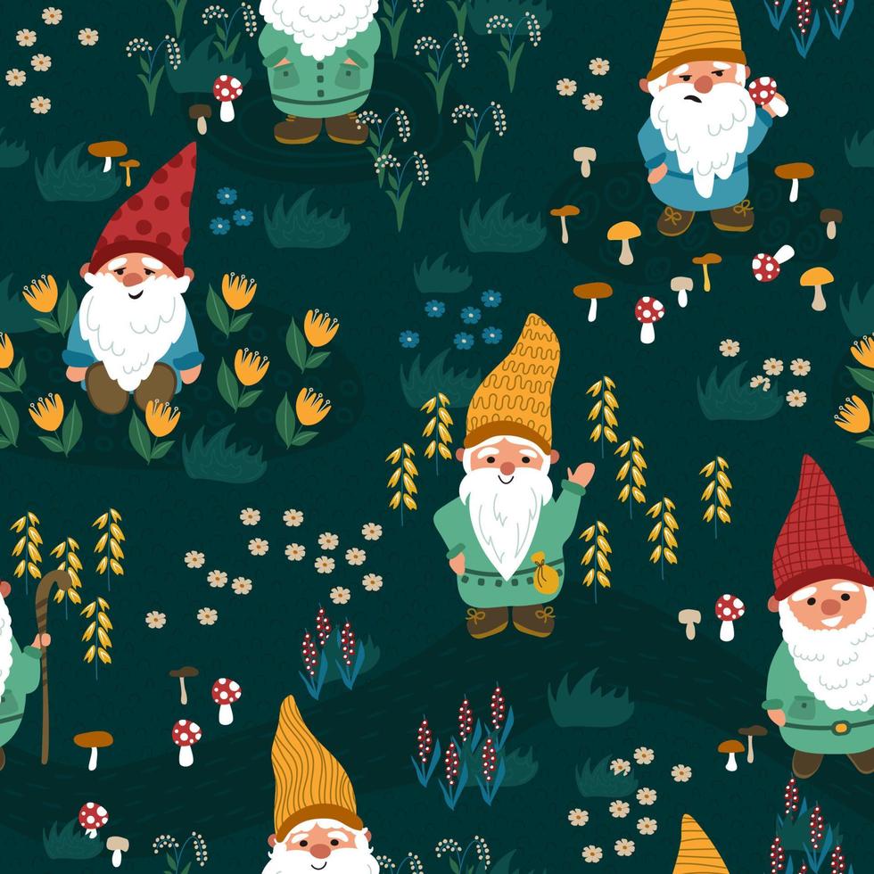 Little gnomes in a flower, mushroom meadow. Seamless pattern. Cute textures for baby textiles, fabric design, wrapping, scrapbooking, wallpaper, etc. vector