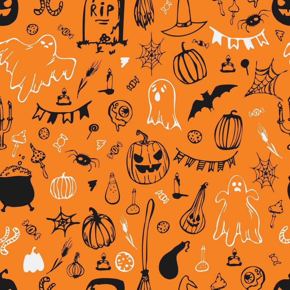 Seamless pattern. Happy Halloween. Pumpkins, ghosts, bowler hat, candy, spider webs. Vector illustration.