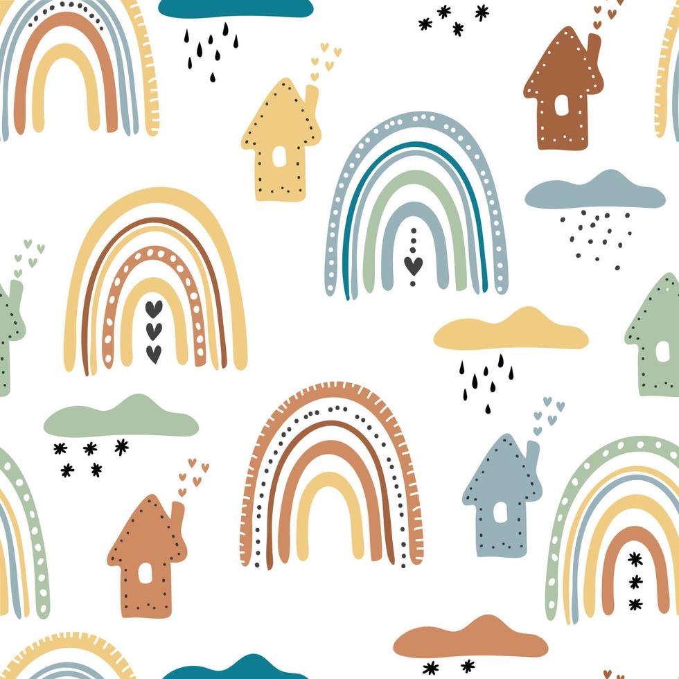 Rainbow in boho style. Seamless children's pattern with fashionable rainbows. children's background for fabric, packaging, textiles, wallpaper, clothing. Vector illustration