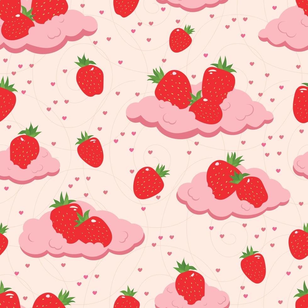 Seamless pattern of fresh strawberries on the clouds. Vector illustration. Design for paper, textiles or wallpaper. Berries on a white background.