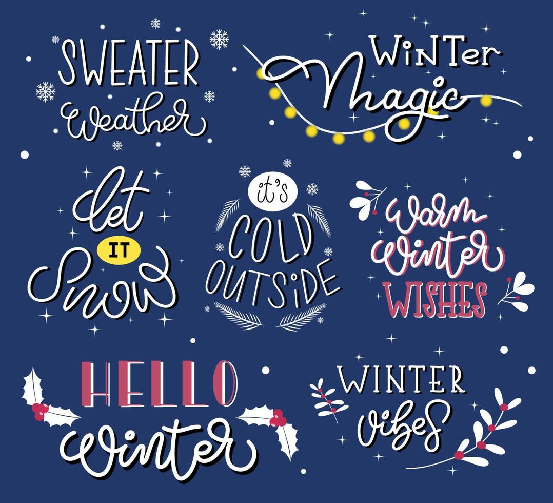 Handwritten winter lettering set for greeting card design. vector