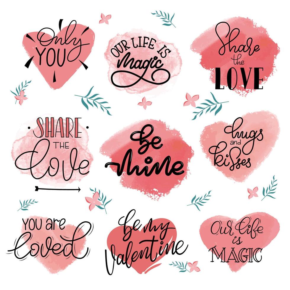 Set of Valentine handlettering with brush spots. vector