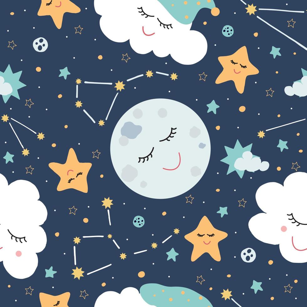 Seamless pattern with the Moon,Clouds and stars on a dark background.Kids Children's Wallpaper.Can use for textiles, bed linen, children's clothing.Vector illustration in the cartoon style vector