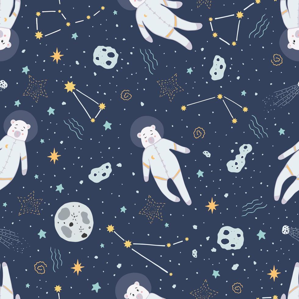 Seamless Kids Pattern Bear astronaut, constellations, comet, asteroid, stars.Cute cartoon doodle card and seamless background pattern set. Cartoon Background for Kids.Design for children's clothing vector