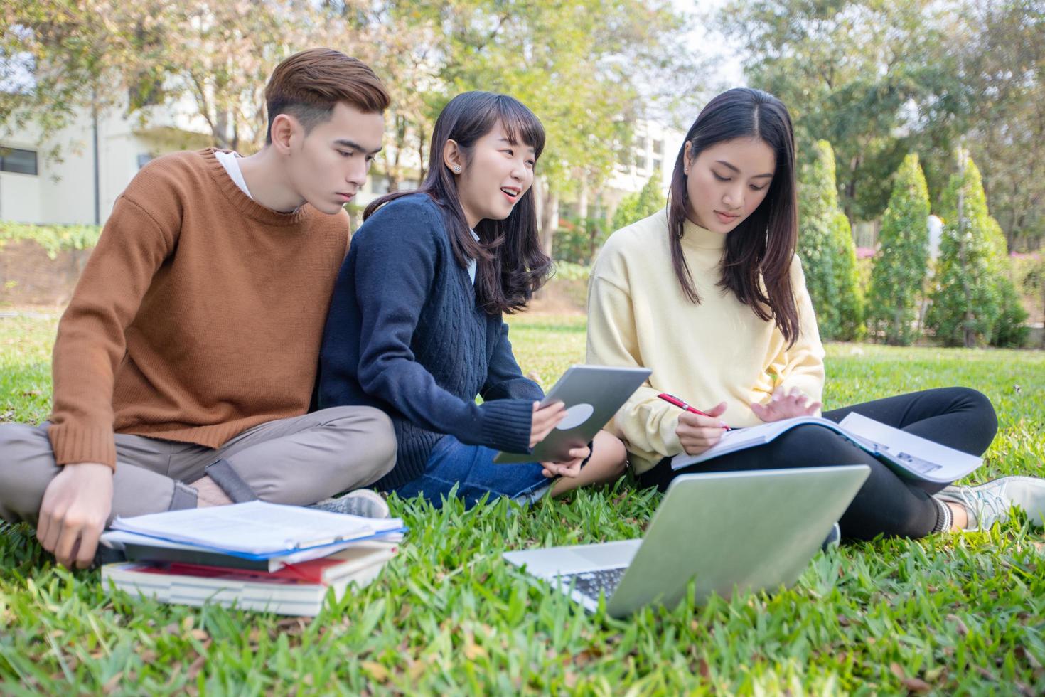 Grupo de estudiantes universitarios asiáticos sentados en la hierba verde trabajando y leyendo juntos al aire libre en un parque foto