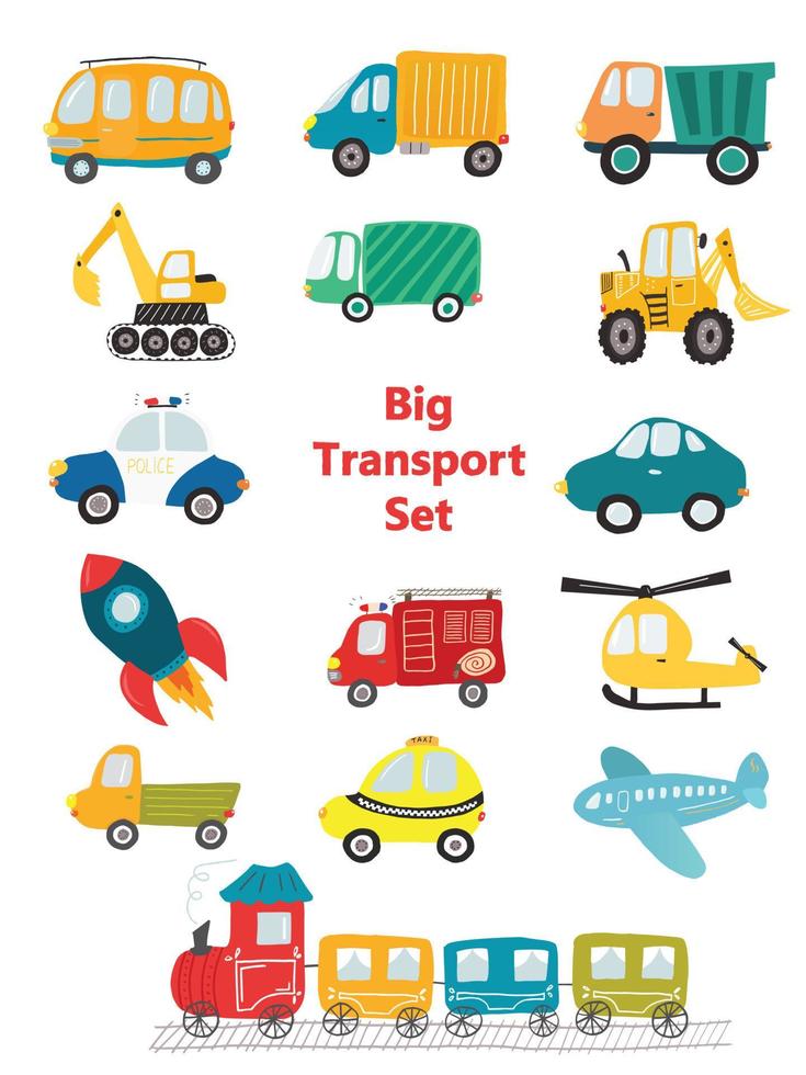 gran conjunto de transporte. colección brillante de autos y camiones en estilo plano simple. lindos vehículos de transporte para estampados, decoraciones, diseños para niños, juegos y actividades preescolares vector