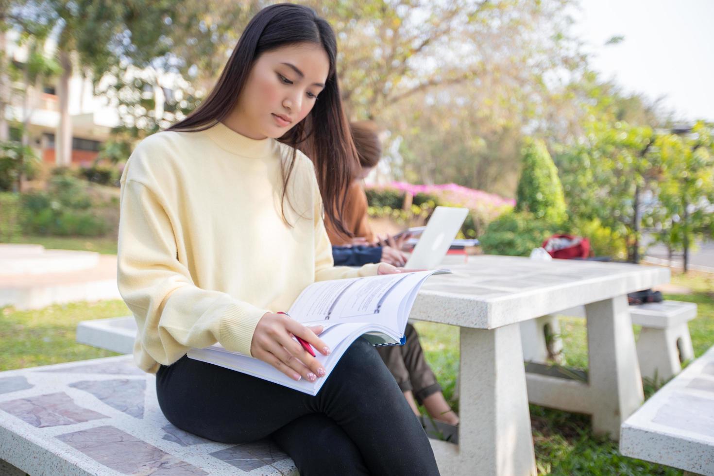 Group Of University Students asian sitting on the green grass  Working and reading Outside Together in a park photo