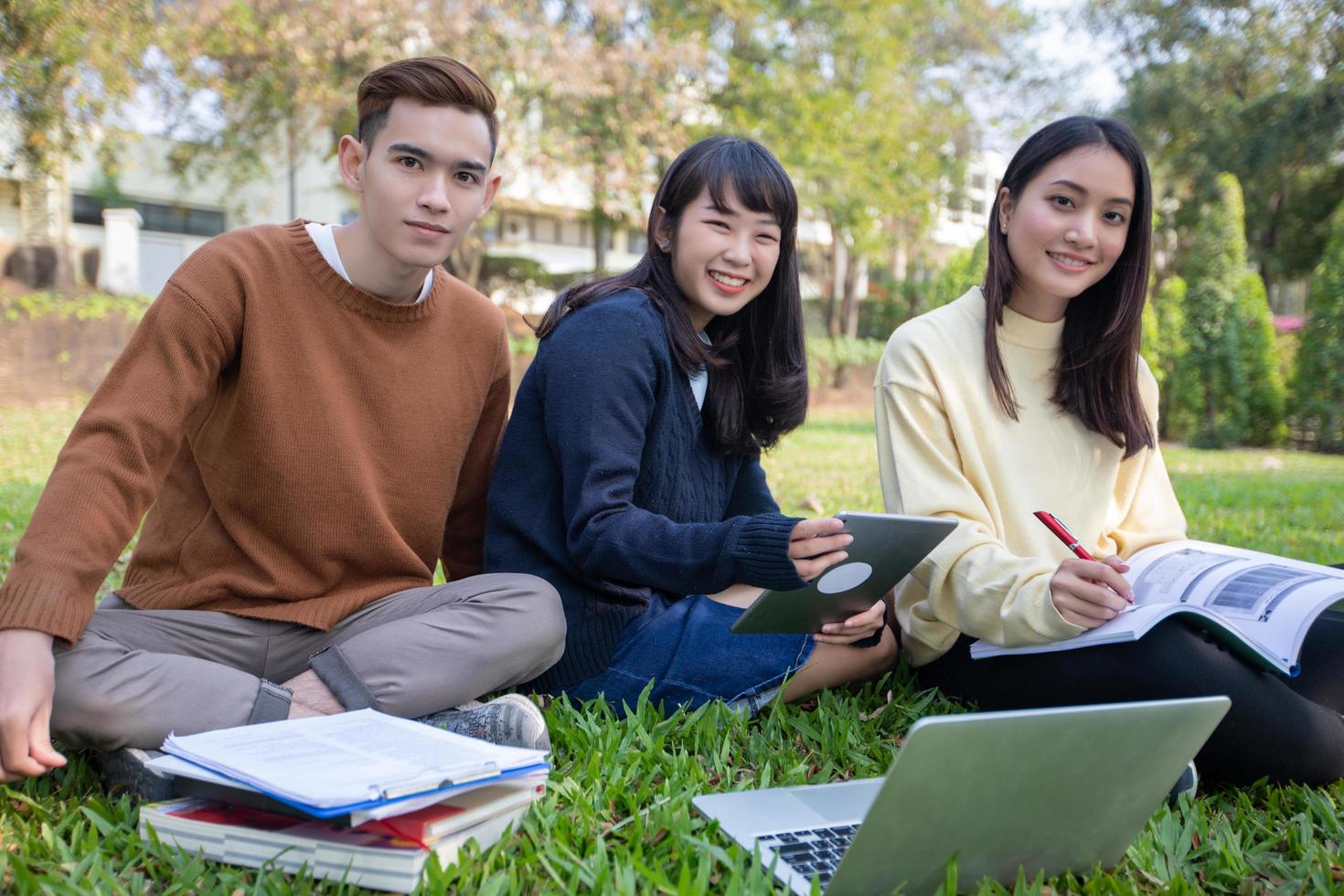 Grupo de estudiantes universitarios asiáticos sentados en la hierba verde trabajando y leyendo juntos al aire libre en un parque foto